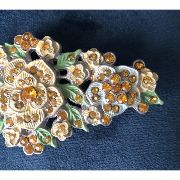 Vintage Floral Belt Buckle Enamel and Golden Rhinestones Silver Back Ornate - Picture 4 of 11